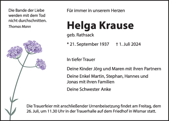 Traueranzeige von Helga Krause von Ostsee-Zeitung GmbH