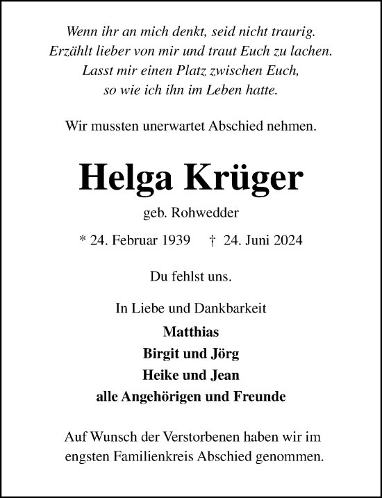 Traueranzeige von Helga Krüger von Lübecker Nachrichten