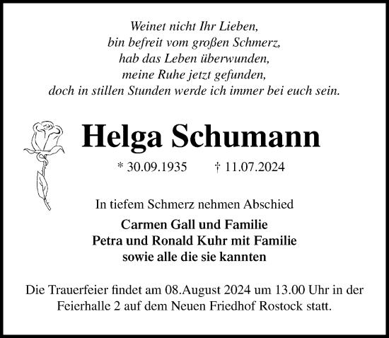 Traueranzeige von Helga Schumann von Ostsee-Zeitung GmbH