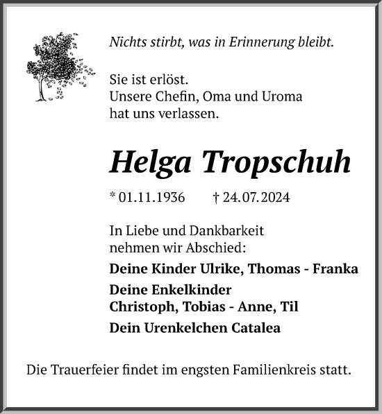 Traueranzeige von Helga Tropschuh von Leipziger Volkszeitung
