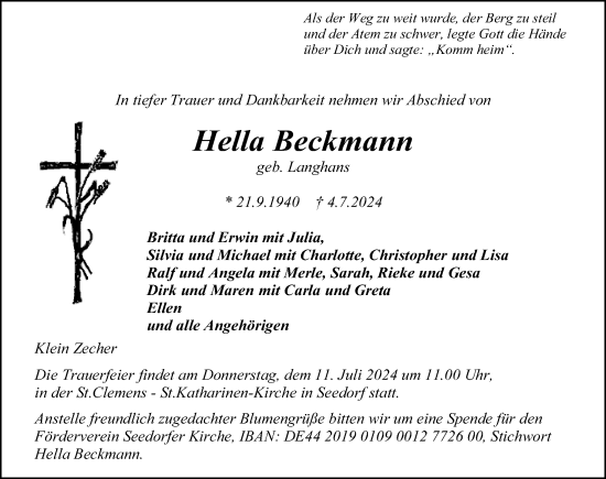 Traueranzeige von Hella Beckmann von Lübecker Nachrichten