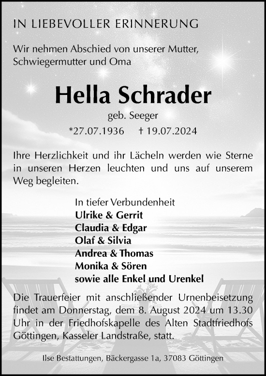 Traueranzeige von Hella Schrader von Göttinger Tageblatt