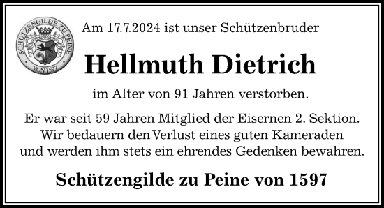 Traueranzeige von Hellmuth Dietrich von Peiner Allgemeine Zeitung