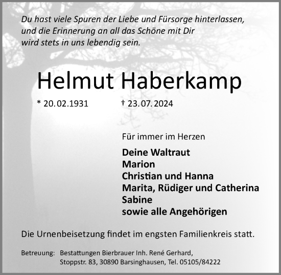 Traueranzeige von Helmut Haberkamp von Hannoversche Allgemeine Zeitung/Neue Presse