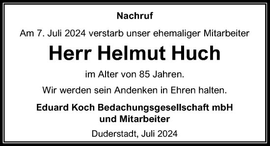 Traueranzeige von Helmut Huch von Eichsfelder Tageblatt
