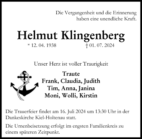 Traueranzeige von Helmut Klingenberg von Kieler Nachrichten