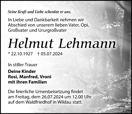 Traueranzeige von Helmut Lehmann von Märkischen Allgemeine Zeitung