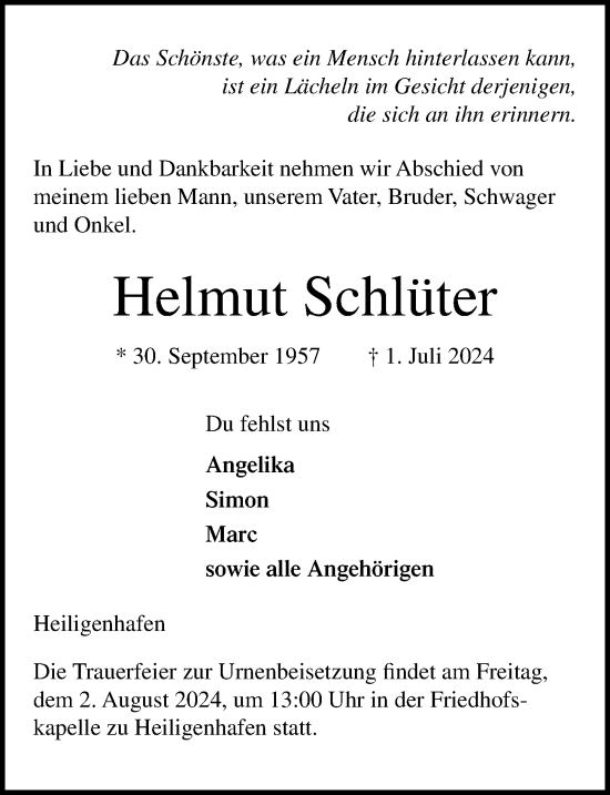Traueranzeige von Helmut Schlüter von Lübecker Nachrichten