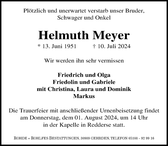 Traueranzeige von Helmuth Meyer von Hannoversche Allgemeine Zeitung/Neue Presse
