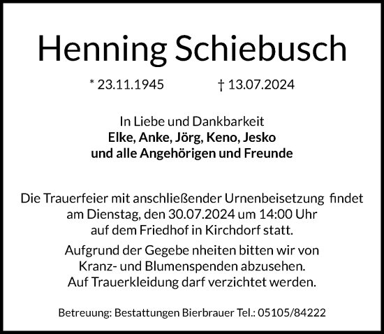 Traueranzeige von Henning Schiebusch von Hannoversche Allgemeine Zeitung/Neue Presse