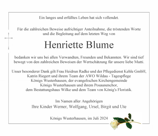 Traueranzeige von Henriette Blume von Märkischen Allgemeine Zeitung