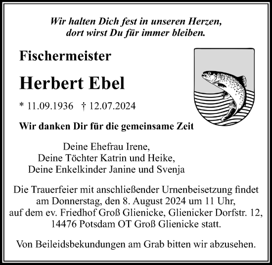 Traueranzeige von Herbert Ebel von Märkischen Allgemeine Zeitung