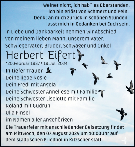 Traueranzeige von Herbert Eifert von Leipziger Volkszeitung