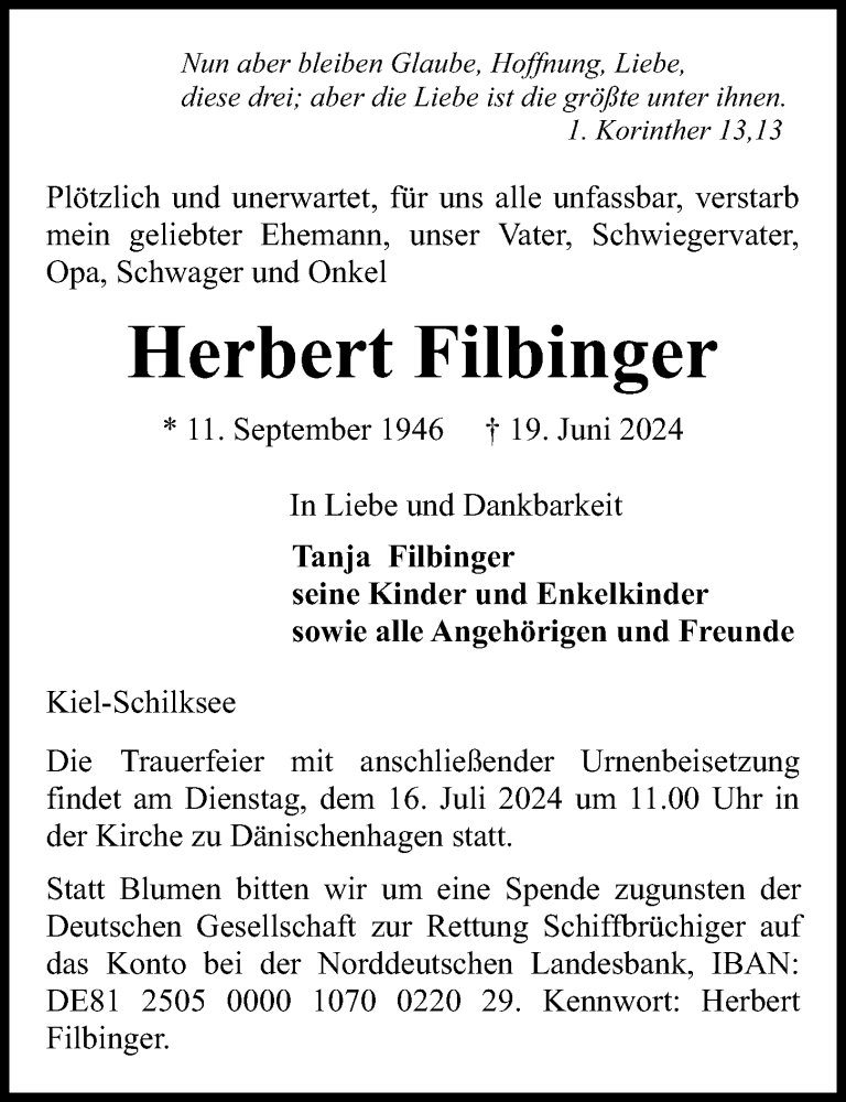 Traueranzeige für Herbert Filbinger vom 06.07.2024 aus Kieler Nachrichten