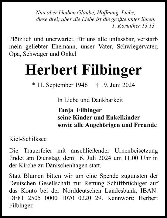 Traueranzeige von Herbert Filbinger von Kieler Nachrichten