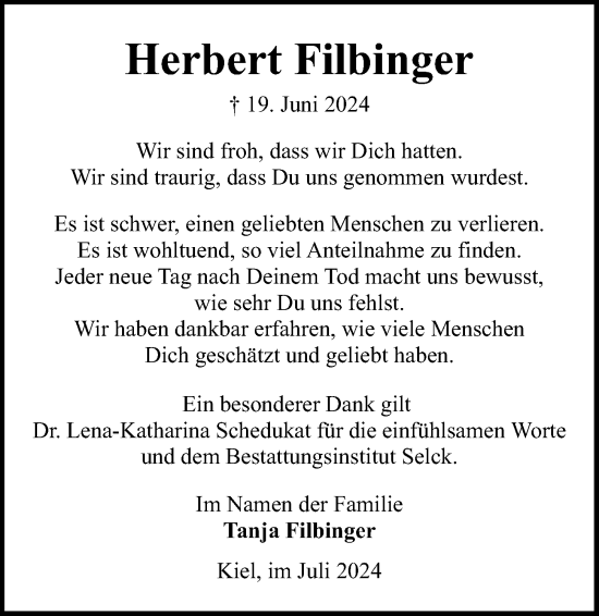 Traueranzeige von Herbert Filbinger von Kieler Nachrichten