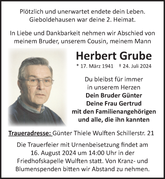 Traueranzeige von Herbert Grube von Eichsfelder Tageblatt