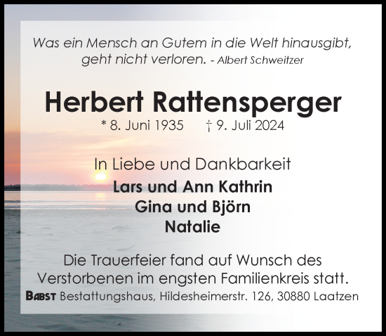Traueranzeige von Herbert Rattensperger von Hannoversche Allgemeine Zeitung/Neue Presse