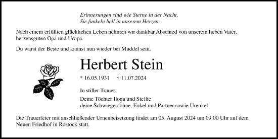 Traueranzeige von Herbert Stein von Ostsee-Zeitung GmbH