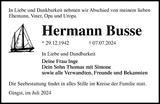 Traueranzeige von Hermann Busse von Ostsee-Zeitung GmbH