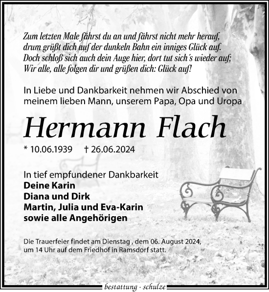 Traueranzeige von Hermann Flach von Leipziger Volkszeitung