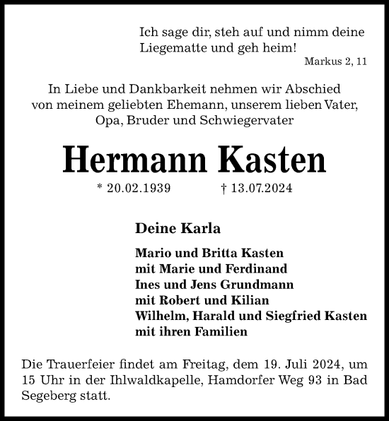 Traueranzeige von Hermann Kasten von Kieler Nachrichten