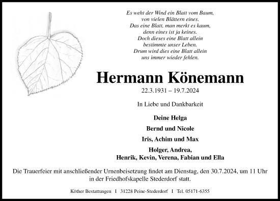 Traueranzeige von Hermann Könemann von Peiner Allgemeine Zeitung