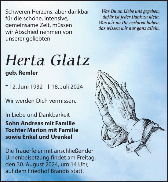 Traueranzeige von Herta Glatz von Leipziger Volkszeitung