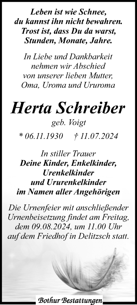 Traueranzeige von Herta Schreiber von Leipziger Volkszeitung