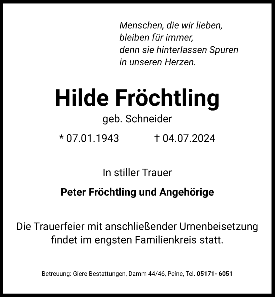 Traueranzeige von Hilde Fröchtling von Peiner Allgemeine Zeitung