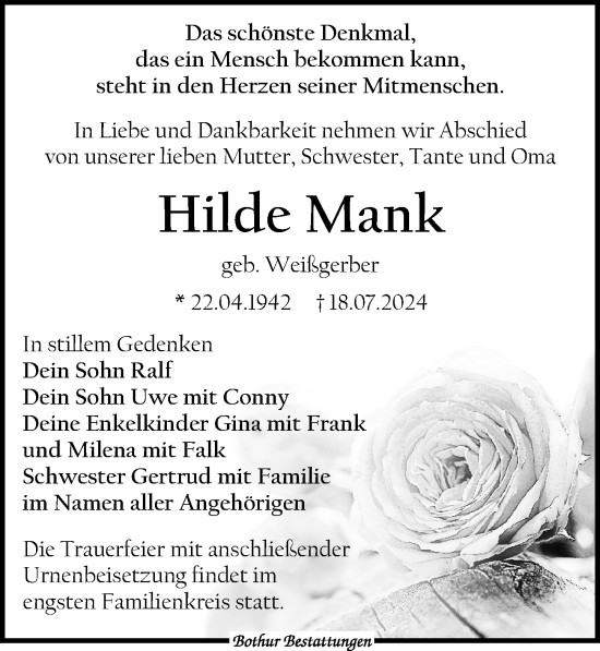 Traueranzeige von Hilde Mank von Leipziger Volkszeitung