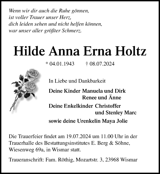 Traueranzeige von Hilde Anna Erna Holtz von Ostsee-Zeitung GmbH