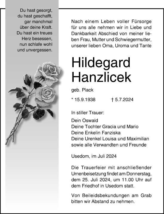 Traueranzeige von Hildegard Hanzlicek von Ostsee-Zeitung GmbH