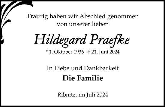 Traueranzeige von Hildegard Praefke von Ostsee-Zeitung GmbH