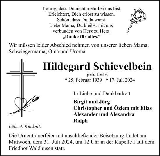 Traueranzeige von Hildegard Schievelbein von Lübecker Nachrichten