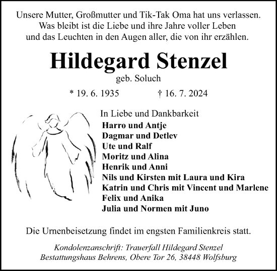 Traueranzeige von Hildegard Stenzel von Aller Zeitung