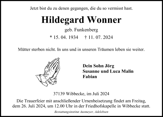 Traueranzeige von Hildegard Wonner von Göttinger Tageblatt