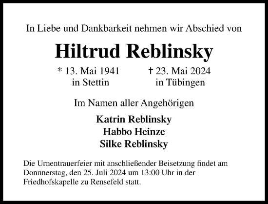 Traueranzeige von Hiltrud Reblinsky von Lübecker Nachrichten