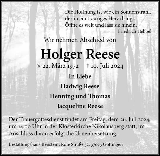 Traueranzeige von Holger Reese von Göttinger Tageblatt