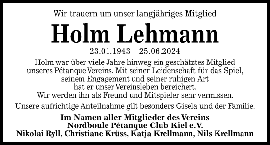 Traueranzeige von Holm Lehmann von Kieler Nachrichten