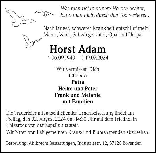 Traueranzeige von Horst Adam von Göttinger Tageblatt