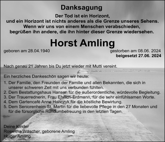 Traueranzeige von Horst Amling von Ostsee-Zeitung GmbH