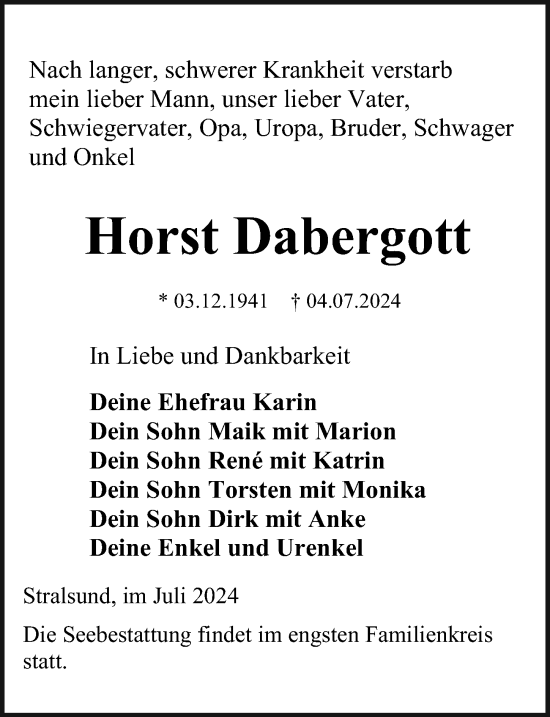 Traueranzeige von Horst Dabergott von Ostsee-Zeitung GmbH
