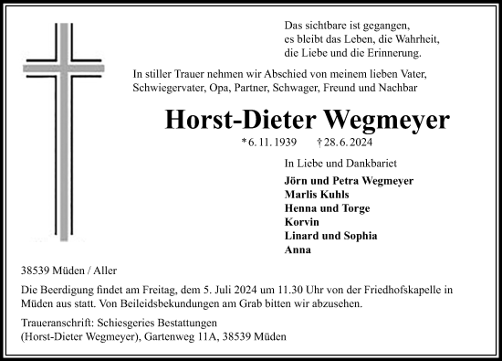 Traueranzeige von Horst-Dieter Wegmeyer von Aller Zeitung