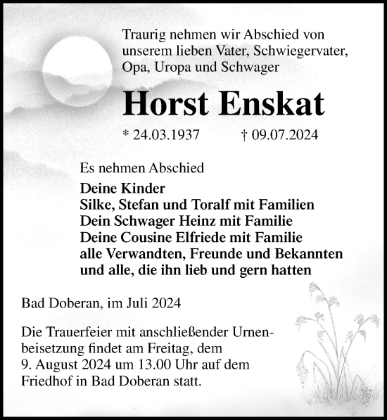 Traueranzeige von Horst Enskat von Ostsee-Zeitung GmbH
