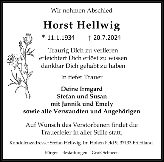 Traueranzeige von Horst Hellwig von Göttinger Tageblatt