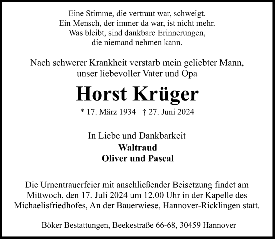 Traueranzeige von Horst Krüger von Hannoversche Allgemeine Zeitung/Neue Presse