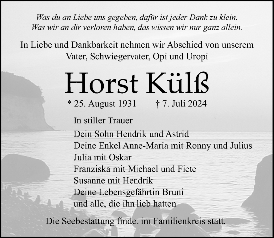 Traueranzeige von Horst Külß von Ostsee-Zeitung GmbH