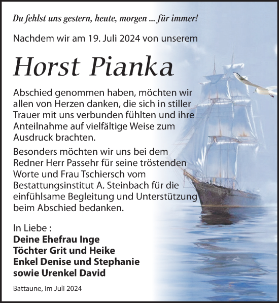 Traueranzeige von Horst Pianka von Leipziger Volkszeitung