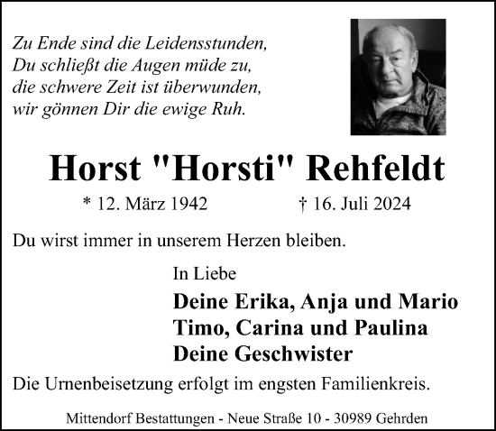 Traueranzeige von Horst Rehfeldt von Hannoversche Allgemeine Zeitung/Neue Presse
